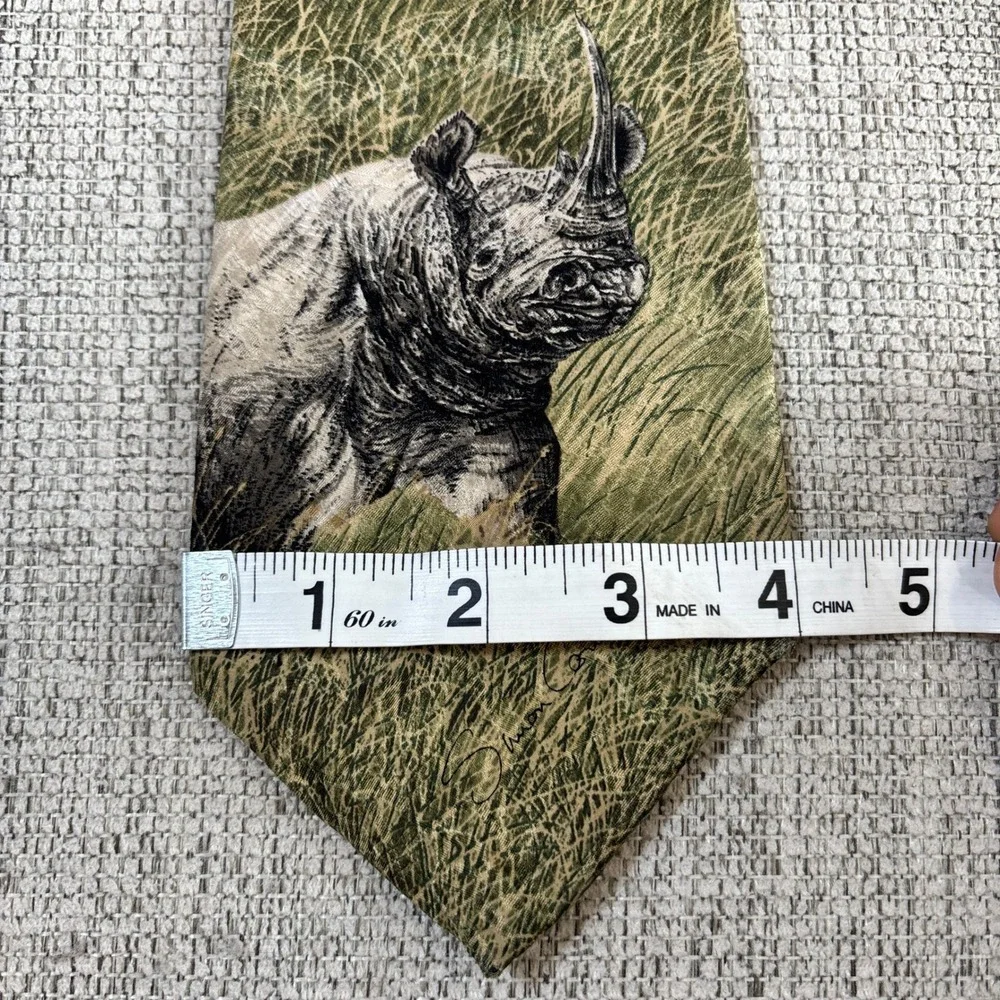 Vintage Simon Combes Black Rhinos Endangered‎ Species Silk Necktie 1995